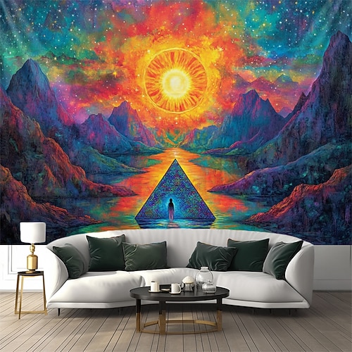 Blacklight Wandteppich Leuchtet im Dunkeln Glow Party UV reaktiv Trippy Berg Nebel Naturlandschaft Hängender Wandteppich Wandkunst Wandmalerei für Wohnzimmer Schlafzimmer Image