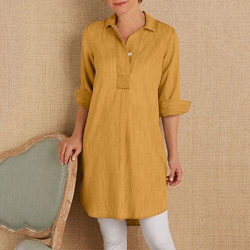 Damen Minikleid Baumwoll Mischung Hemdblusenkleid Freizeitkleid Stilvoll Lässig Täglich Urlaub Date Normale Passform Einfach Langarm Revers Gelb Orange Grau Sommer Frühling Image