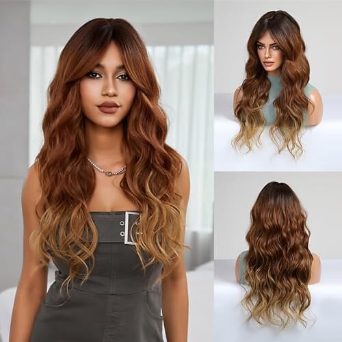 gewellte Perücke mit Pony für Frauen, Highlight-Perücke, natürlich aussehende, hitzebeständige Synthetikperücke aus Premiumfaser für das tägliche Party-Cosplay-Kostüm Image
