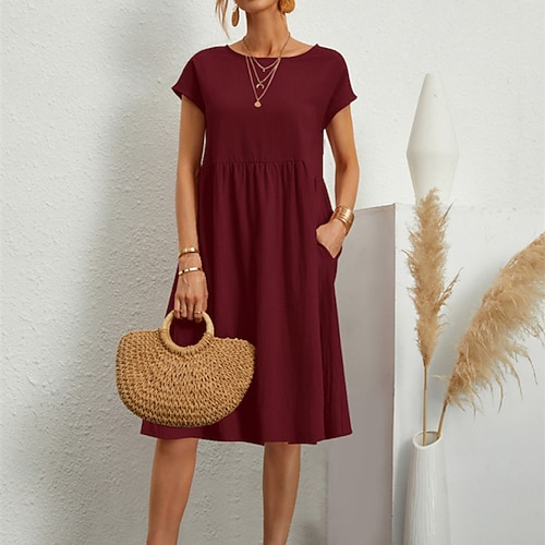 Damen Langes Kleid Maxikleid Baumwoll Mischung Shiftkleid Freizeitkleid Stilvoll Lässig Täglich Urlaub Date Normale Passform Einfach Kurzarm Rundhalsausschnitt Blau Wein Khaki Sommer Image