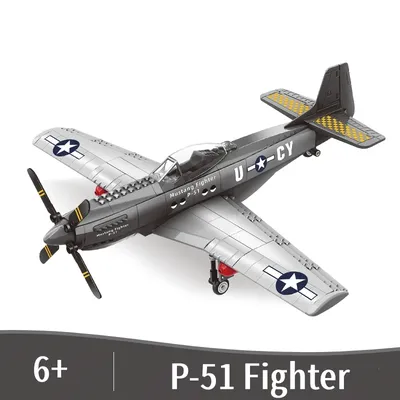 Boy assembles toy Mustang helicopter building block P51 pirate propeller old-fashioned airplane