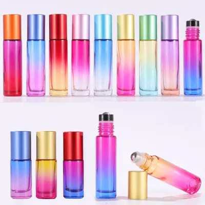 10X 20X 10ml Gradient Color Refillable Glass Essential Oil Roller Bottles With Metal Roller Ball for