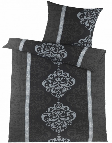 KH-Haushaltshandel 2-tlg. Soft Seersucker Bettwäsche 135x200 +80x80cm, Ornamente, schwarz-grau, bügelfrei Image