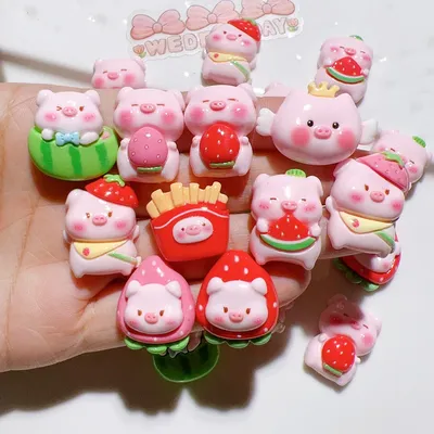 10 Pcs Cute Bright Glossy Cartoon Animal Strawberry Pig, French Fries Resin Scrapbook Diy Jewelry