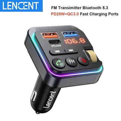 LENCENT Bluetooth 5.3 FM Transmitter Car Adapter with PD 20W & QC3.0 Fast Charger HiFi Bass Sound