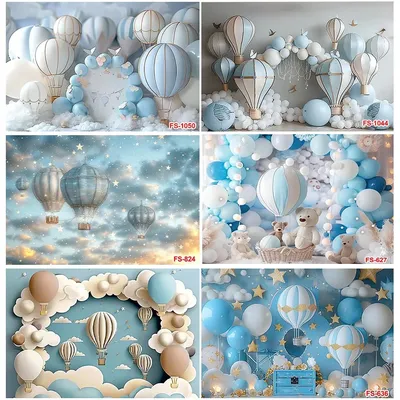 Happy Birthday Backdrops Blue Sky White Clouds Hot Air Balloons Bear Photographic Backgrounds Stars