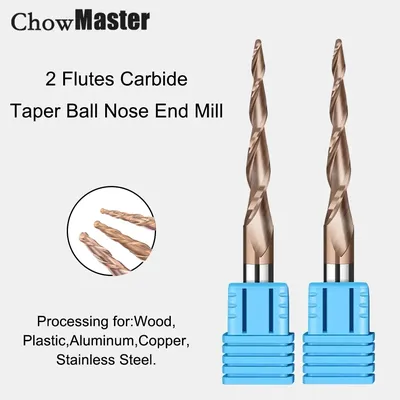 2 Flute Carbide Spiral Tapered Ball Nose End Mill 3.175 4 6 8mm Shank Router Bit Woodworking CNC 3D