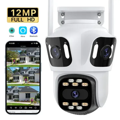 Three Lens Three Screen IP 12MP Camera WiFi External Dual Lens Auto Track Security PTZ 8MP HD Camera