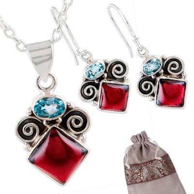 Rainbow Fragments,'Curated Gift Set with Garnet Blue Topaz Necklace & Earrings'