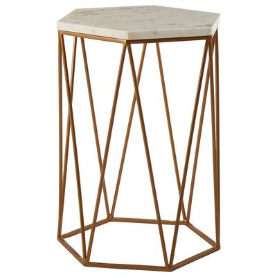 Hexagonal Side Table in White Marble with Gold Finish Iron