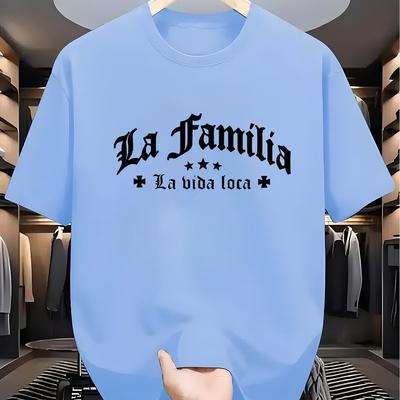 TEMU Men's Casual Crew Neck T-shirt, 100% Polyester Knit Fabric, Stretch, Regular Fit, Summer Alphabet Pattern Tee, Image