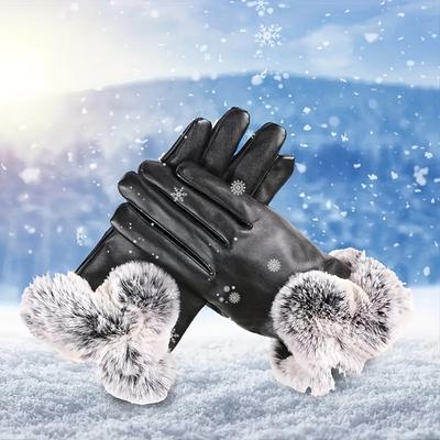 TEMU 1pc Fur Lined Plush Thermal Waterproof Gloves, Winter Keep Warm Touch Screen Pu Leather Mittens, Outdoor Driving Skiing Snow Protection 5 Toe Split Gloves