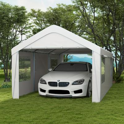 TEMU Outsunny Carport 10' X 20' Portable Garage, Heavy Duty Car Port Canopy With 2 Roll-up Doors & 4 Ventilated Windows For Car, Truck, Boat, Garden Tools, White