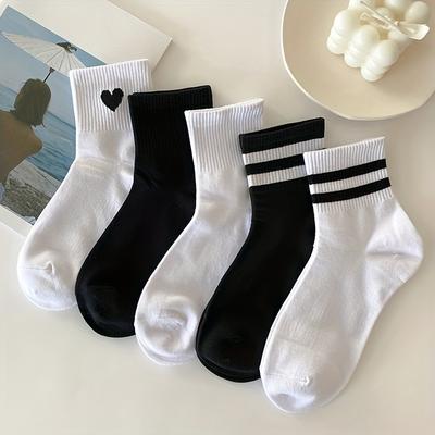 TEMU 5 Pairs Pattern Short Socks, 80% Polyester 20% Spandex, Striped, Knit Fabric, Hand Wash - Fit