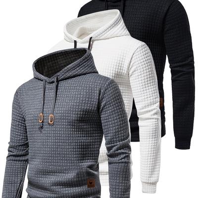 TEMU 3pcs Men's Casual Sports Hooded Sweatshirts - 100% Polyester Knit Fabric, Long Sleeve, Regular Fit, Solid Color With Pattern, Drawstring Pullover For & Training