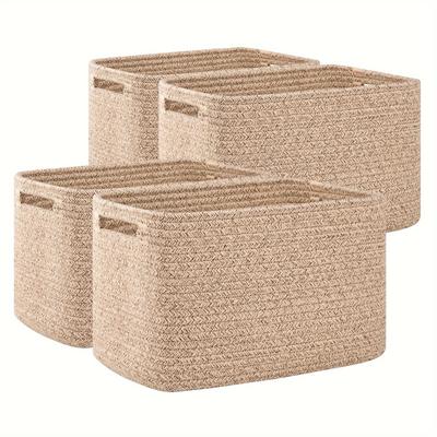 TEMU 4pcs Baskets With Handles, Rectangle Cube Organizers For Shelves, 13''lx9''wx7.8''h, Natural Color, Woven Design, Solution, Basket Storage, Laundry Baskets