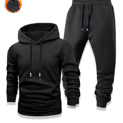 TEMU Men's Thermal 2pcs Sets, Solid Fleece Lined Warm Long Sleeves Drawstring Hoodies & Drawstring Long Pants Two-piece Set, Slight Stretch Outfits For Winter And Autumn