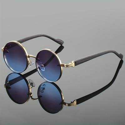 TEMU 1pc Men New Round Glasses Vintage Minimalist Metal Frame Stylish Gradient Lenses Wood Grain Legs Luxury Classic Women Glasses