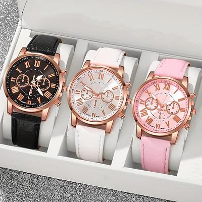 TEMU 3pcs/set Women's Watch Set, Classic Roman Numeral Watch, With Strap, Alloy Case, Elegant Dial Design, Gifts Suitable For Casual Business Weddings, , Family, Or , With Gift Box Packaging