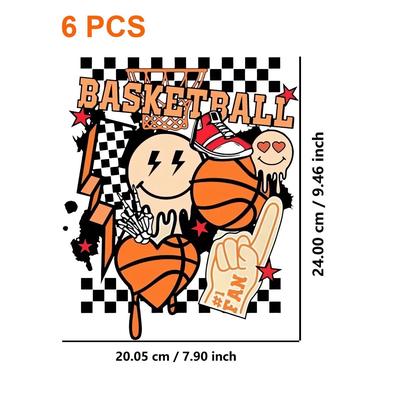 TEMU 6-pack Basketball And -on Transfer Decals - Heat Press Patches For T-shirts, Hoodies, Jeans, Backpacks, And Canvas Bags, Mixed Colors, Plastic Material