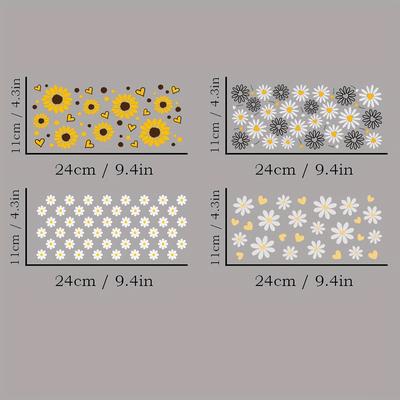 TEMU 4-pack Daisy & Heart 3d Crystal Transfer Paper, Uv Dtf Self-adhesive Waterproof -resistant Decals For Tumblers & Bottles, High-quality Plastic Wraps