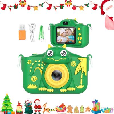 TEMU Dinosaur-themed ' Digital Camera - 12mp Hd Video, Auto Focus, Dual Cameras For Selfies & Photos, Includes Lanyard, Usb Rechargeable With 32gb Memory Card - Green