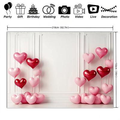 TEMU 1pc Classic Polyester Valentine's Day Heart Balloons Backdrop - 100% Polyester Photography Background Cloth For Family Celebrations, Cake Table, , And Studio Props - No Electricity Needed