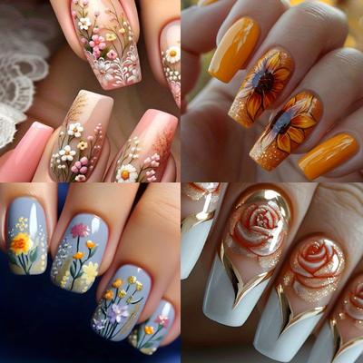 TEMU 96pcs (4pcs) Long False Nails French Style False Nails With Floral Patterns Reusable Women's False Nails