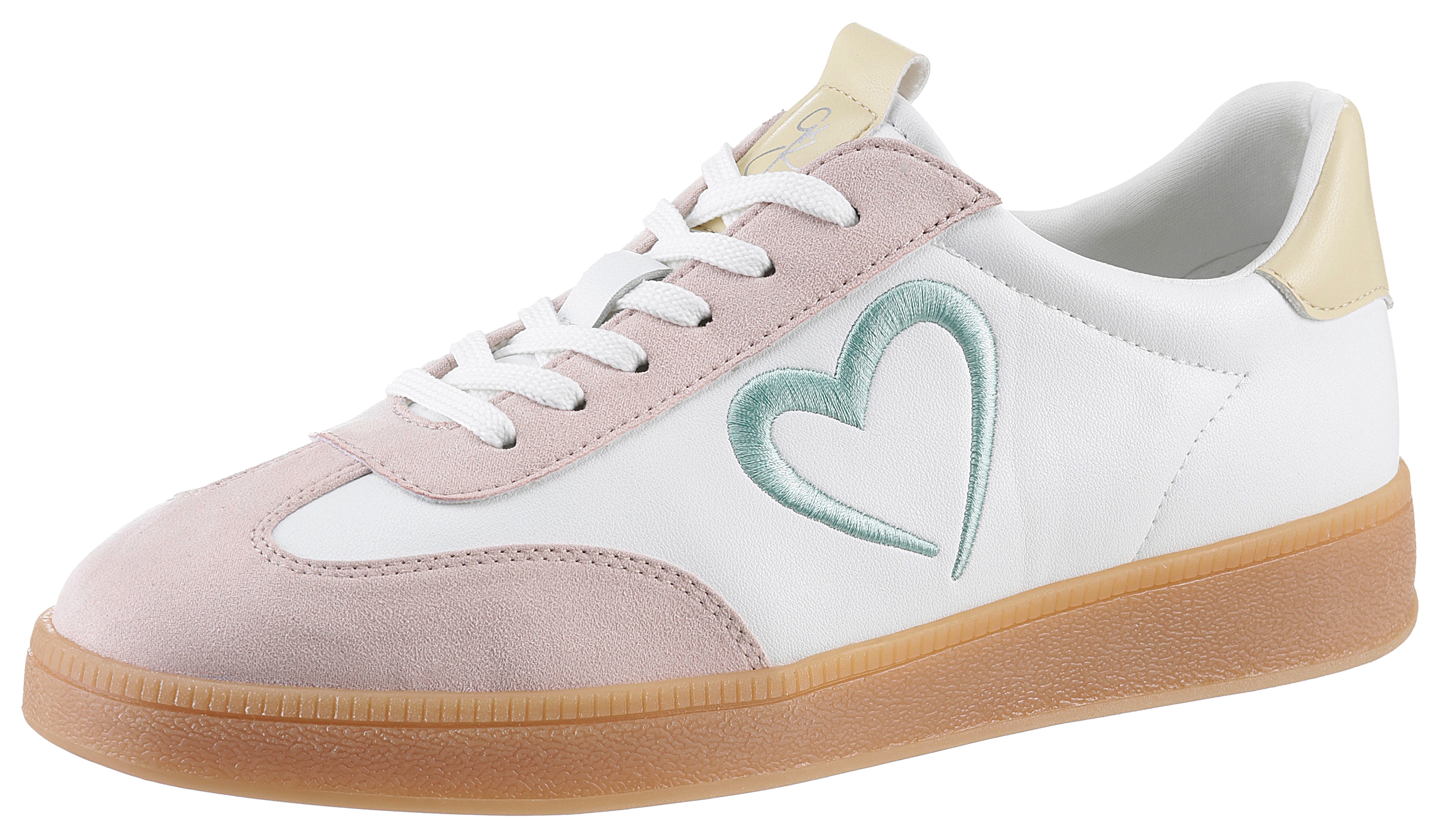 Plateausneaker MARCO TOZZI BY GMK, Damen, Gr. 39, bunt (weiß, rose, vanille), Lederimitat, Textil, Veloursleder, unifarben mit Farbeinsätzen, Schuhe Plateausneaker, Freizeitschuh, Halbschuh, Schnürschuh mit seitlichem Herz-Detail