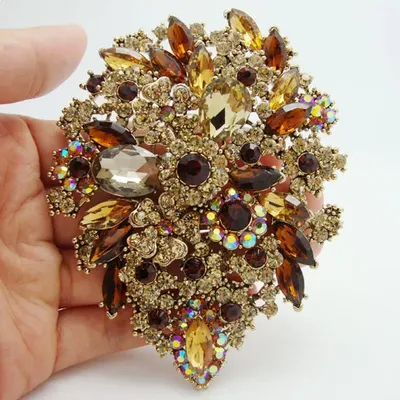 Unique Brown Brooch Pin Flower Drop Rhinestone Crystal Pendant Women Brooch Pin