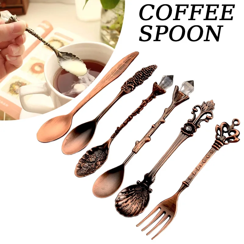6 stücke Vintage Löffel Gabel Set Retro Kaffee Löffel Kunststoff Kristall Geschnitzte Teelöffel Obst Eis Kuchen Dessert Löffel gabel Besteck Image