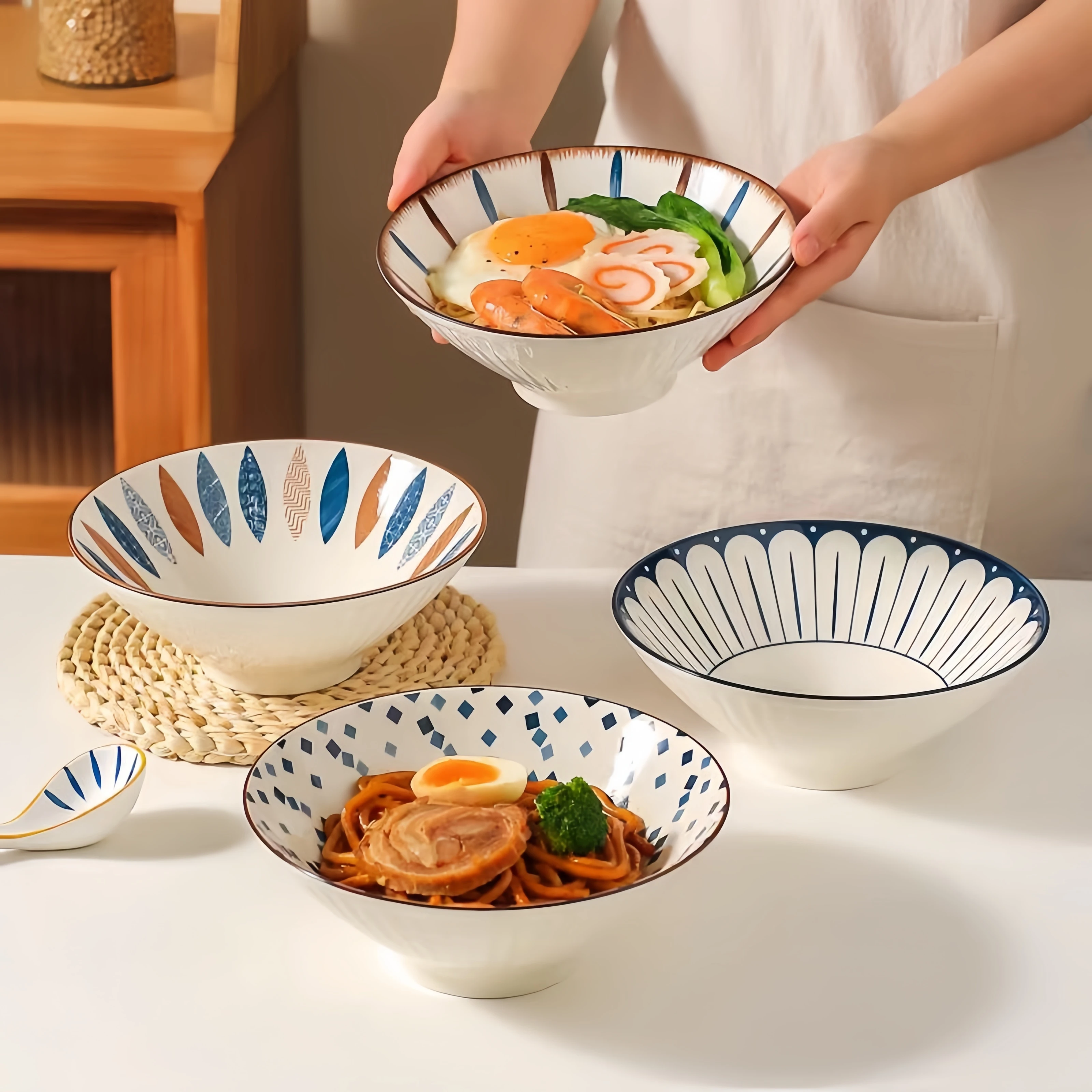 Japanese bucket bowl household premium sense ramen bowl 8 inch large threaded soup bowl ceramic noodle bowl special large bowl
