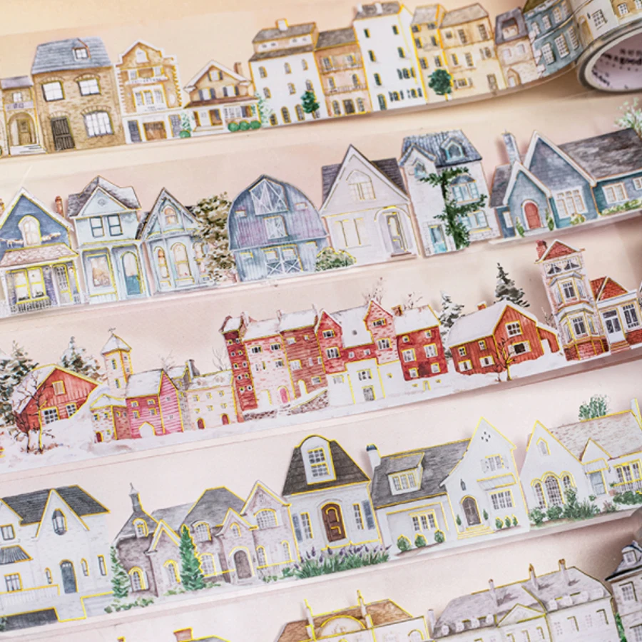 2 Stile, 3 Rollen/Beutel, Hauslandschaft, Stempelband, DIY-Handbuch, Sammelalbum, Kalender, kreatives Material, dekorative Aufkleber Image