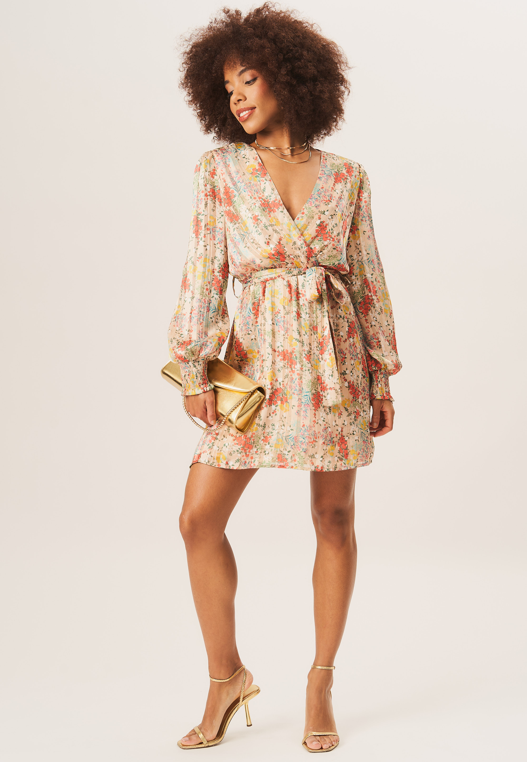 Mehrfarbig gestreiftes Chiffon-Jacquard-Wickelminikleid Image