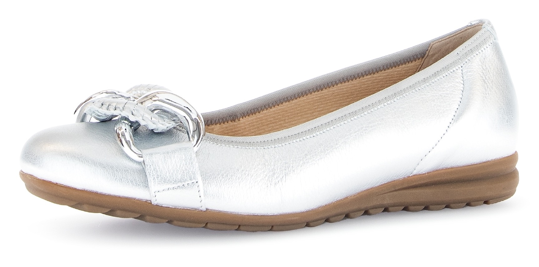Ballerina GABOR "FLORENZ", Damen, Gr. 43, silber (silberfarben), Glattleder, metallic, Schuhe Ballerina, Keilabsatz, Businessschuh, Halbschuh, Schlupfschuh mit Zierkette