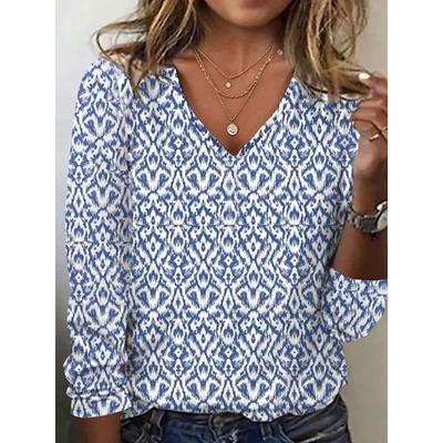 Women's T Shirt V Neck Long Sleeve Tunic Graphic Fashion Modern Casual Regular Tops Daily Weekend Print Blue Fall Winter