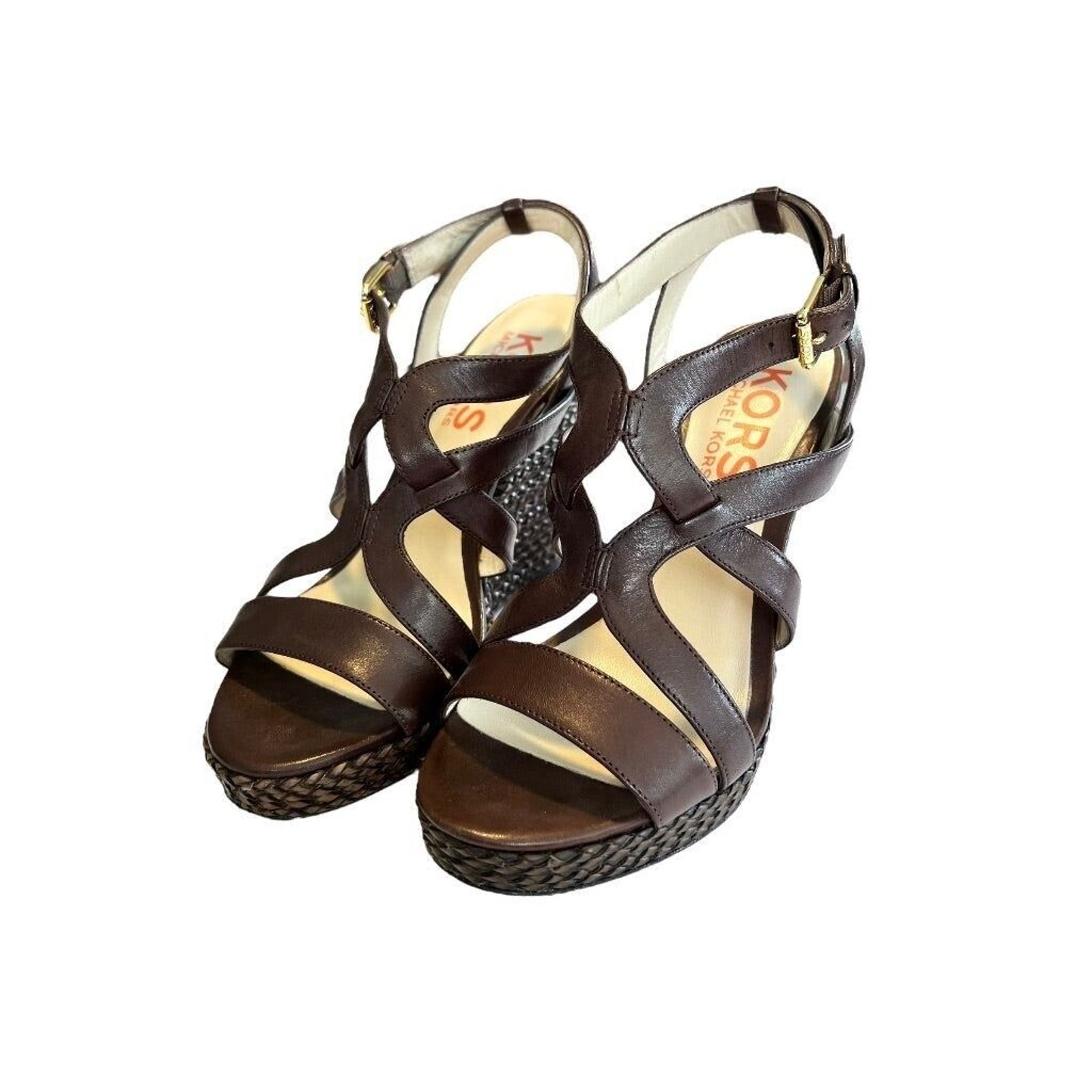Michael Kors Shoes | 7.5 Kors Michael Kors Brown Wedge Sandal Leather With Braided Raffia Heels | Color: Brown | Size: 7.5