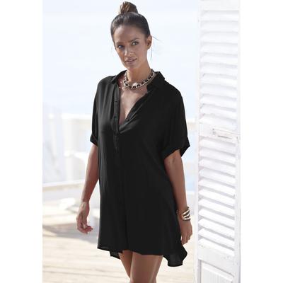 Longbluse LASCANA, Damen, Gr. 42, schwarz, Cru00eape, Obermaterial: 100% Viskose, casual, figurumspielend kurz, Kurzarm 