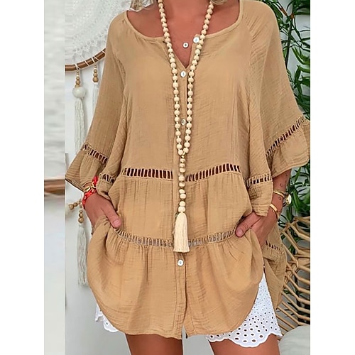 Damen Minikleid Baumwoll Mischung Kaftan Kleid Freizeitkleid Elegant Vintage Stilvoll Ausgestellter Ärmel Lässig Täglich Urlaub Lässiger Schnitt Einfach Dreiviertelarm V Ausschnitt Weiß Gelb Rote Image