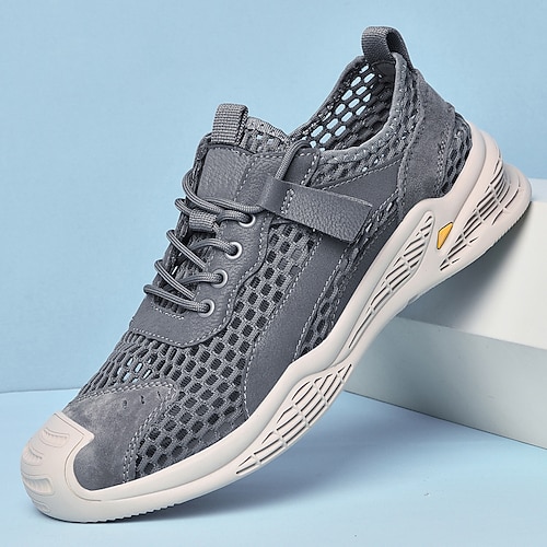 Beige Mesh-Sneaker für Herren mit Schnürung und Klettverschluss, atmungsaktive Freizeit-Sportschuhe für den Sommer Image