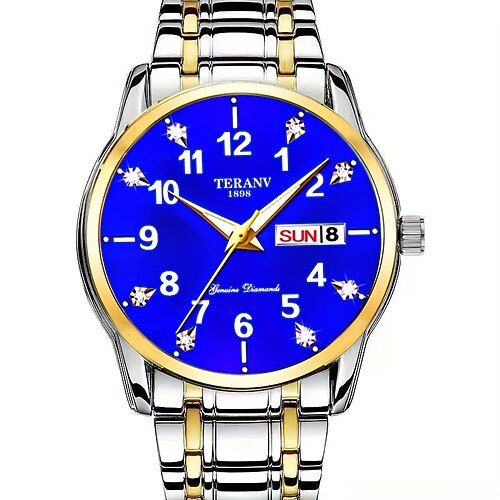 Digitale neue Strass runde Zifferblatt Herren Business Uhr wasserdicht Luminous Wochenanzeige Legierungsarmband multifunktionale Mode Quarz Uhr für Reise Freizeit Valentinstag Geschenke Image