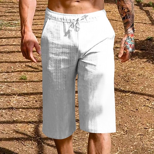 Herren Leinenshorts Kurze Hosen Sommer-Shorts Caprihose Kordelzug Elastische Taille Glatt Komfort Atmungsaktiv Outdoor Täglich Ausgehen Leinen / Baumwoll Mischung Modisch Brautkleider schlicht Image