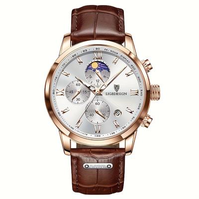 TEMU Men's Luxury Quartz Watch With Brown Leather Strap And Zinc Alloy Dial â€“ Elegant & Casual Wear, Gift