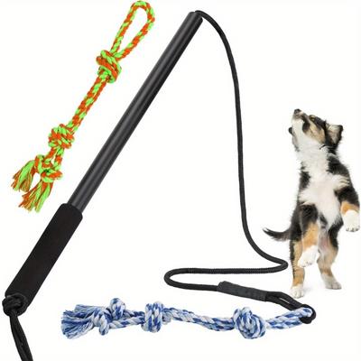 TEMU Interactive Dog Teaser Wand With Adjustable Rope & 2 Chew Toys - Pole For Small To Medium Breeds, Black Handle & Green/blue Rope For Outdoor Play And Training, Dog Toys