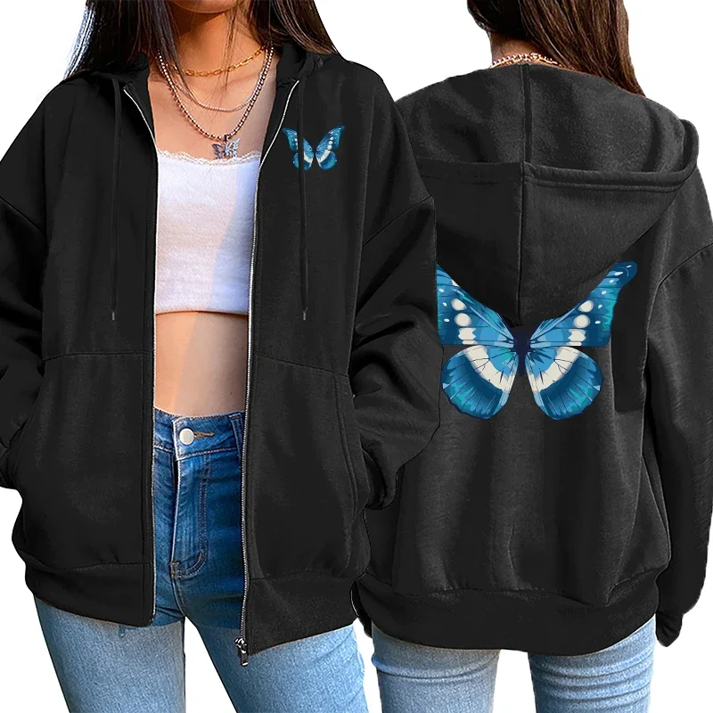 Schmetterlings-bedruckte Hoodies für Damen, 2025, heißer Verkauf, mit Kapuze, Langarm-Jacken, Herbst, Zuhause, Outdoor, lässige Mode, Ziiper-Mäntel Image