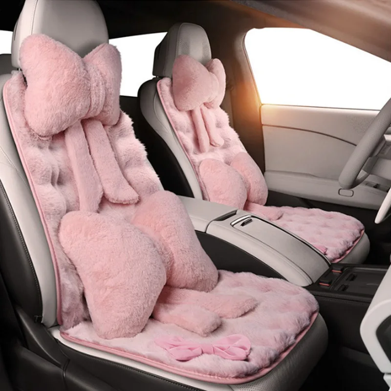 Winter Plüsch Auto Sitz Abdeckung Bowknot Mode Nette frauen Automotive Innen Schutz Lenkrad Warme Kissen Auto Kissen Image