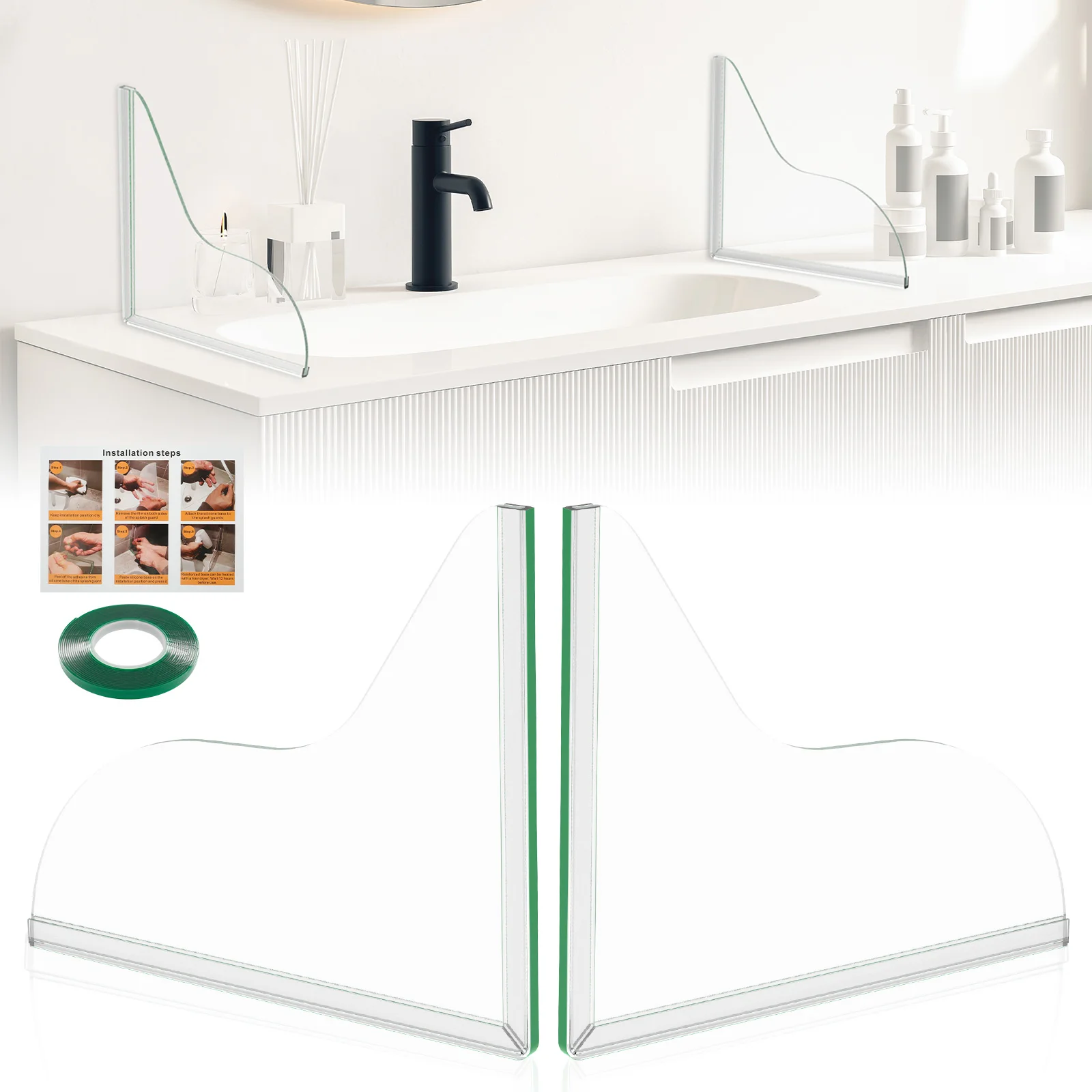 2 Stück Acryl-Duschspritzschutz, transparent, wasserdicht, Wannen-Eckenschutz mit 1 Rolle Klebeband, wasserdichte Abdeckung für Handwaschbecken für Badezimmer