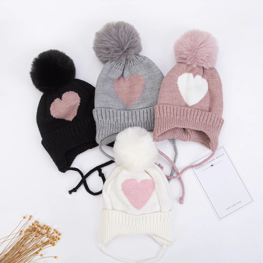 Großer Bommel Baby Turban Hüte Herz Strickmützen Jungen Mädchen Mützen 0-3T Herbst Winter Kinder Headwraps Bonnets Haarschmuck Image