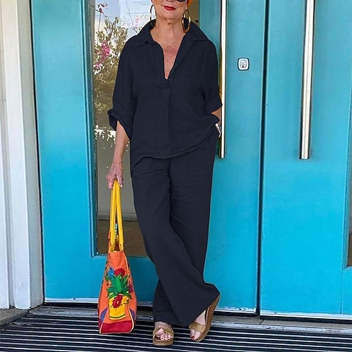 camicia da donna 100% cotone set ispirati al lino set due pezzi pantaloni a gamba larga pantaloni di lino pantaloni pantaloni camicia a maniche lunghe colletto tinta unita moda streetwear abbigliamento quotidiano appuntamento giallo blu navy grigio