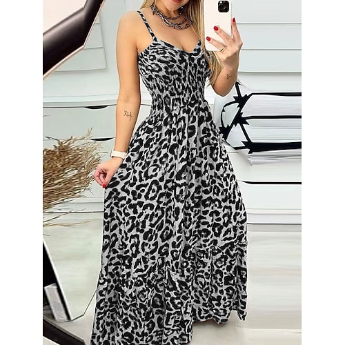 Per donna Vestito maxi Abito casual Vestito maxi Moda Sensuale Informale Da mare Informale Giornaliero Standard Leopardo Senza maniche A V Rosso Blu Grigio Estate Primavera
